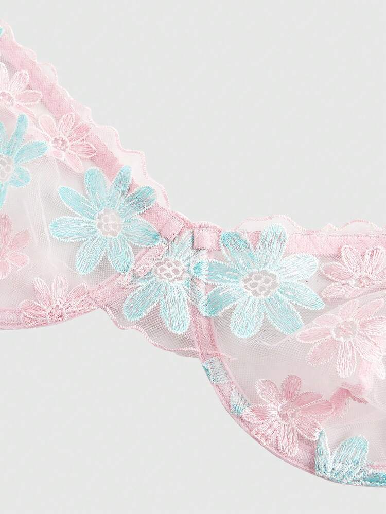 ROMWE Fairycore Set de 3 piezas de lencería sexy inalámbrica con bordado floral, talla grande - Multicolor - Añade 3