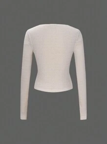 Chiquease Casual Commuter Square Neck Texture Stof Slim Fit Lange Mouw T-shirt Top, Veelzijdig & Flatterend