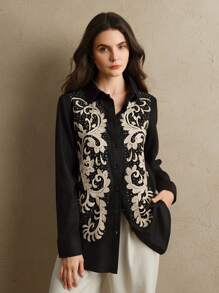 Anewsta Women's Linen Embroidered Rhinestone Long Sleeve Blouse, Black & Gold - Black - View 5