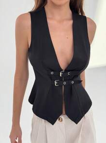 Aloruh Deep V-Neck Black Slim Fit Double Breasted Office Lady Tank Top