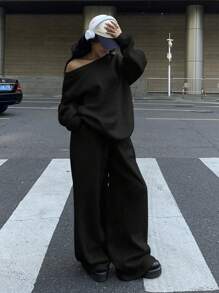 Muchica 2 件女式宽领露肩宽松休闲运动衫和阔腿运动裤套装，厚保暖内衬，适合秋冬季 - 黑色 - 查看 5