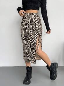 SHEIN Tall CURVE Plus Size Women Music Festival Outfits Zebra Print Side Drawstring Slit Hem Skirt