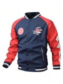 Manfinity Homme Herren Lässig Farbblock Buchstaben Muster Baseball Jacke, Herbst, Freizeitgestaltung mit Freunden Grafik Baseball Langarm Farbblock royal blau leichte Jacke, als Geschenk für Freunde, Ehemann, Freund - marineblau - Übersicht 3