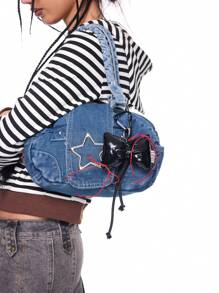 ROMWE Kawaii 1 szt. Y2K Fashion Gothic Style Czarny skórzany pasek Regulowany kokarda w kształcie serca DIY Brelok do kluczy i brelok do torby, odpowiedni dla kobiet i dziewcząt, prezent do codziennego noszenia