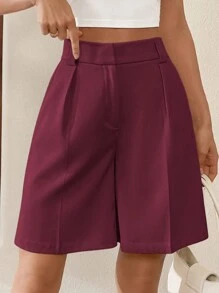 SHEIN Essnce 女士经典齐膝高腰休闲短裤，适合办公室、夏季 - 酒紅色 - 查看 6