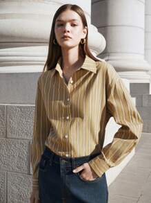 BizChic Camisa de manga larga a rayas color caqui para mujer, ropa elegante de oficina para otoño/invierno, Año Nuevo, citas - Café integral - Ver 1