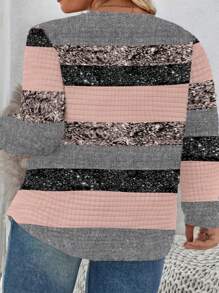 SHEIN LUNE Plus Size Vrouwen Casual Ombre Gestreepte Sparkle Ronde Hals Plaid Patroon Sweatshirt Met Gebogen Zoom, Comfortabel Voor Herfst/Winter