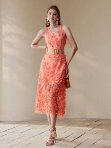 MOTF PREMIUM APPLIQUES FLORAL EMBROIDERY DRESS - Orange - View 4