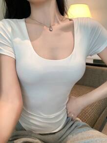DAZY Camiseta de mujer de manga corta, cuello redondo, ajustada, de unicolor, casual, simple y de moda para uso diario en verano