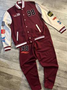 Manfinity Sport PWRUP Men's Letter Print Contrast Color Long Sleeve Baseball Jacket And Pants Tracksuit Set