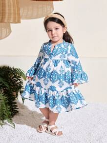 SHEIN Cute Floral Print Long Sleeve Dress For Girls, Spring/Summer - Blue and White - View 4