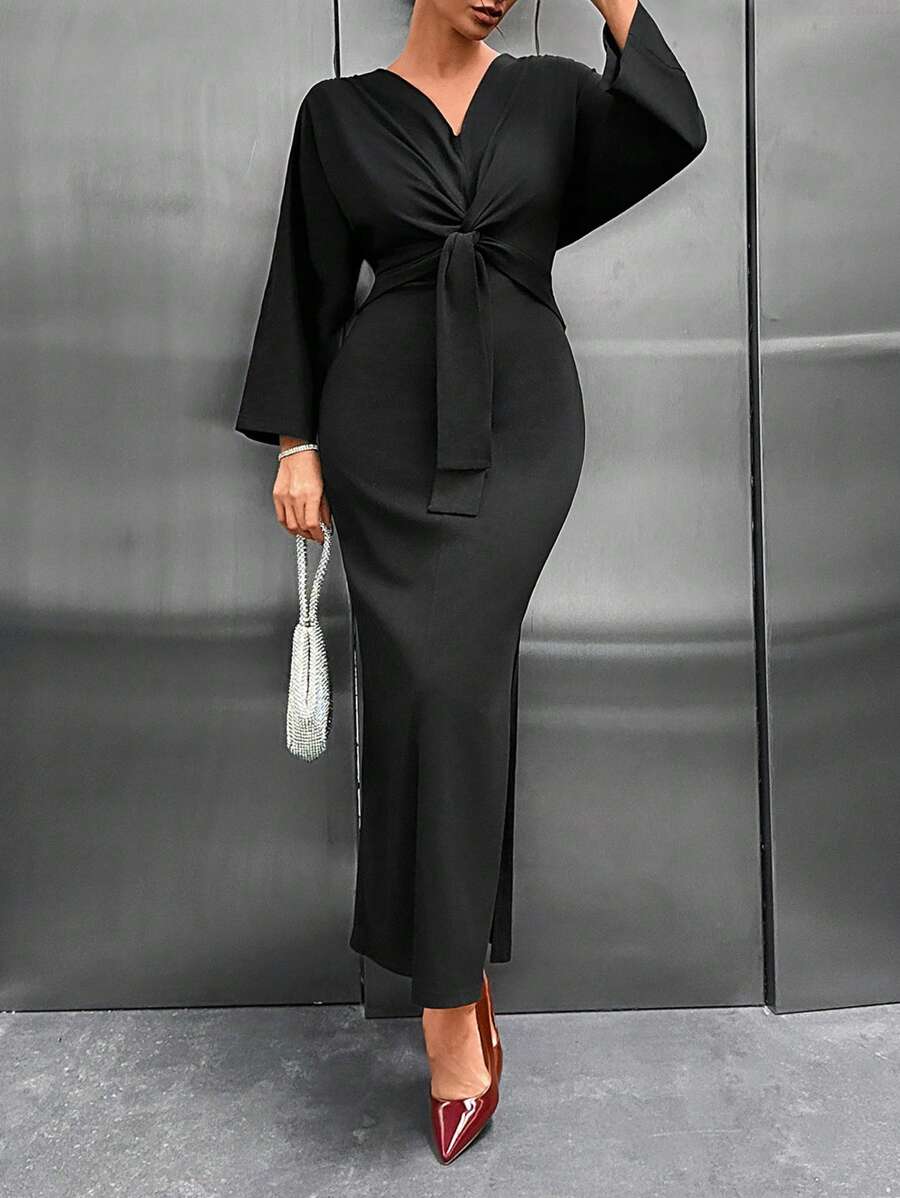 RueChic Tie Front V Neck Split Detailed Long Dress - Black - View 1