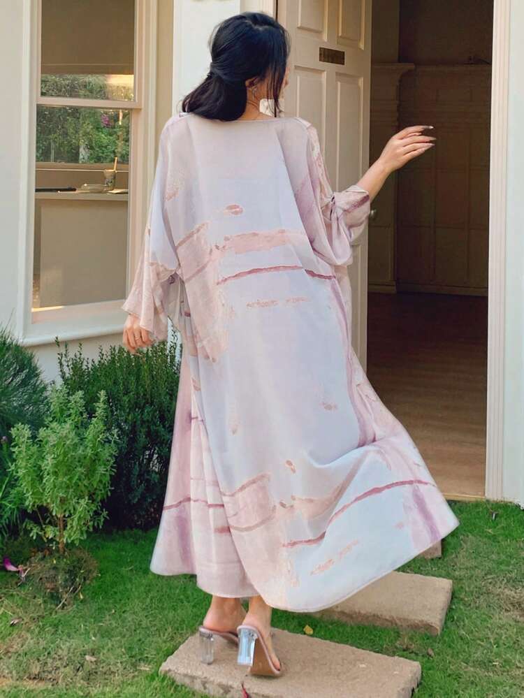 2pcs/Set Women Floral Print Sleeveless Dress With Maxi Cover Up'