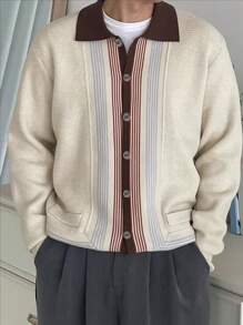DAZY Cardigan bărbătesc cu mânecă lungă, cu imprimeu în dungi și nasturi în față, casual, toamnă/iarnă - Multicolor - Vizualizare 4