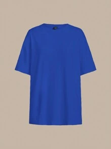 SHEIN BASICS Women's Plain Short Sleeve T-Shirt, Casual And Fashionable For Everyday Wear/Summer - Royal Blue - View 6