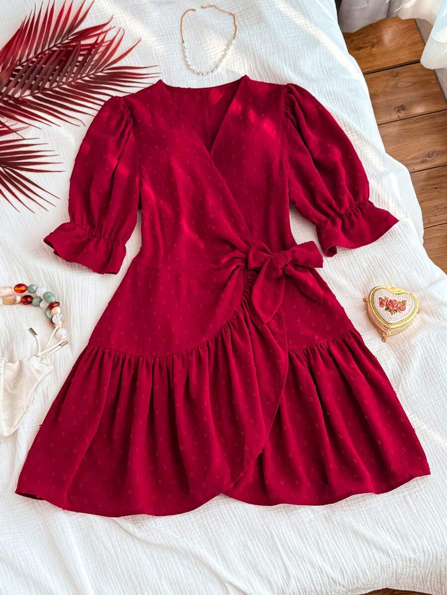 Chiquease 女士优雅红色圆点系带荷叶边下摆拼布连衣裙 - 紅色 - 查看 1