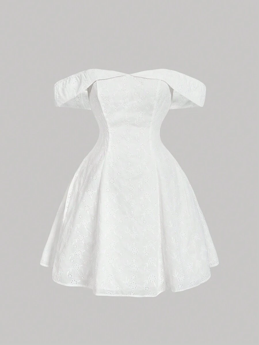 SHEIN MOD Đầm trễ vai thêu trắng thanh lịch cỡ lớn - trắng - Xem 1