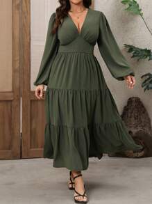 SHEIN LUNE Plus Size Women's V-Neck Lantern Sleeve Layered Hem Long Dress, Casual Commuting Vacation Wear, Spring/Autumn/Winter