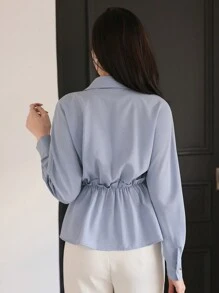 DAZY 女士纯色前扣长袖休闲衬衫，日常穿着，秋季女装 - 藍色 - 查看 2