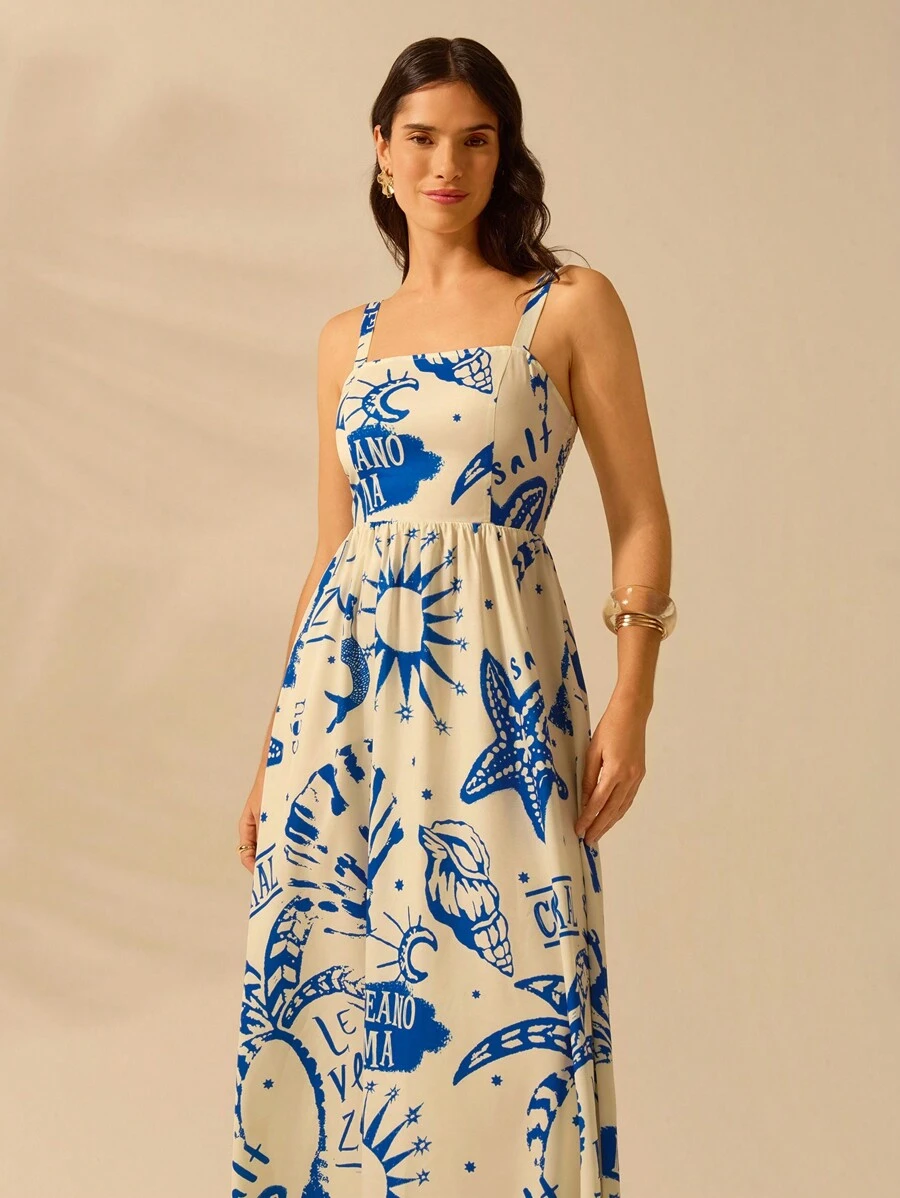 CAJUNI Đầm dự tiệc mùa hè in họa tiết cây cọ nhiệt đới đại dương Boho cho nữ không tay - Nhiều màu - Xem 1