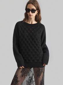 Ontre Damen Schwarzer Floral Jacquard Pullover mit offenen Schultern und Crew-Ausschnitt, Langarm, Mode vielseitig mit Stickerei, Frühjahrskollektion 2025 - Schwarz - Übersicht 3