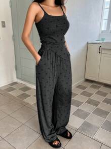DAZY Allover Print Asymmetrical Fitted Camisole & Loose Straight Leg Pants Pajama Set, Summer - Dark Grey - View 5