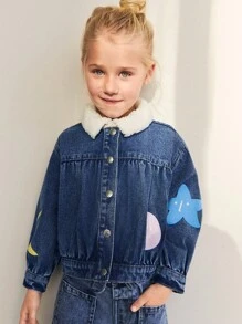 Maija Kids Maija Kids Young Girls Blue Star & Moon Print Plush Collar Patchwork Casual Denim Jackets & Coats, Warm For Autumn & Winter - Blue - View 1