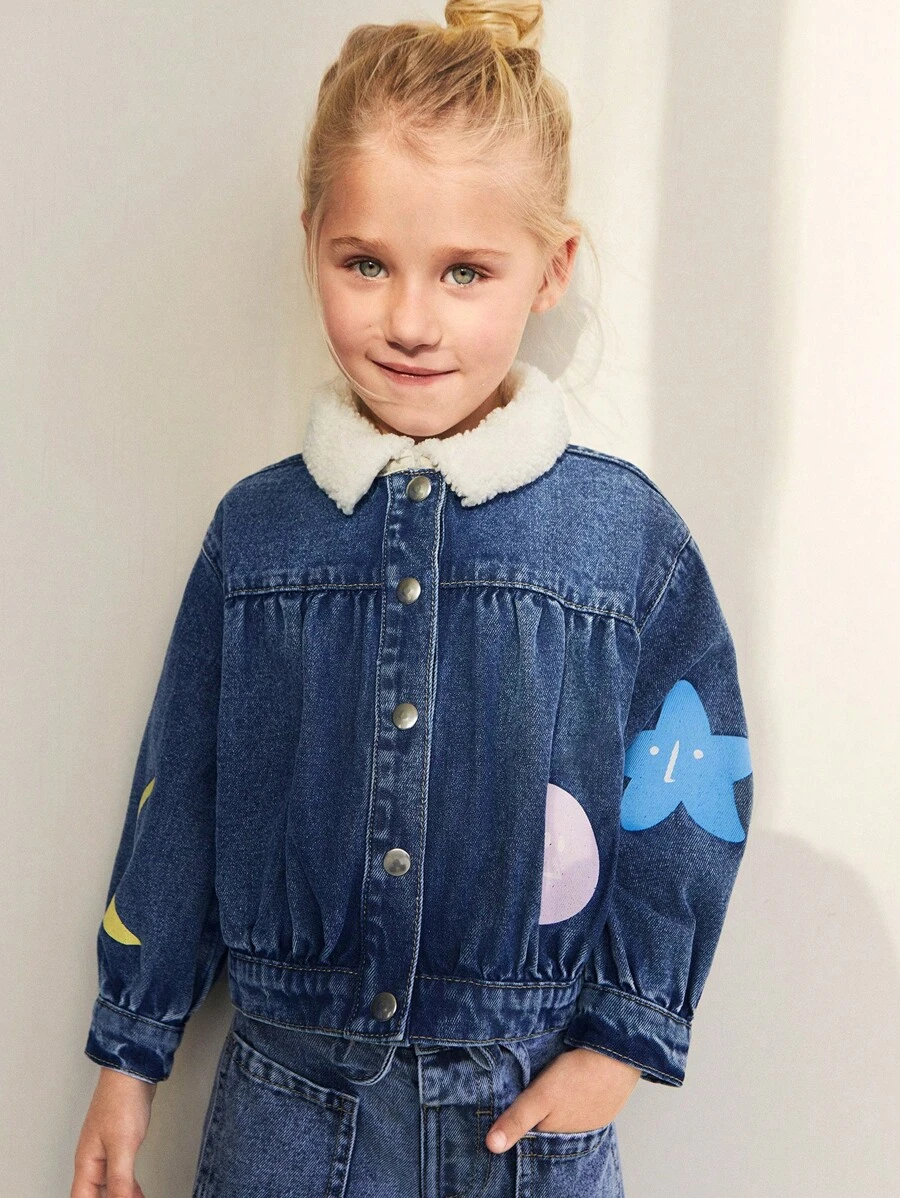 Maija Kids Maija Kids Young Girls Blue Star & Moon Print Plush Collar Patchwork Casual Denim Jackets & Coats, Warm For Autumn & Winter - Blue - View 1