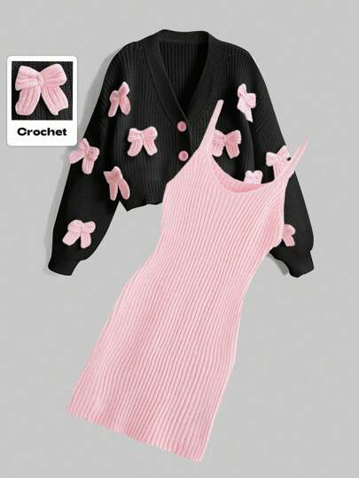 Kawaii 2pcs/Set Women's Autumn/Winter Bowknot Long Sleeve Cardigan & Knitted Slip Dress