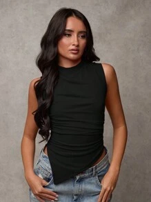 SHEIN BAE Tank Top Wanita Kasual Warna Polos dengan Hem Asimetris Berkerut, Musim Panas - Hitam - View 4