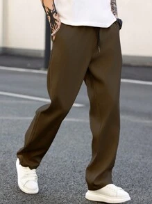 Manfinity Homme Men's Solid Color Drawstring Waist Pockets Straight Leg Casual Pants, Fall - Brown - View 4