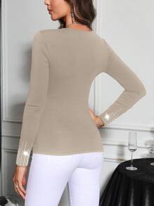 SHEIN Clasi 女士派对水钻褶皱修身优雅 T 恤，秋冬款 - 淺灰色 - 查看 2