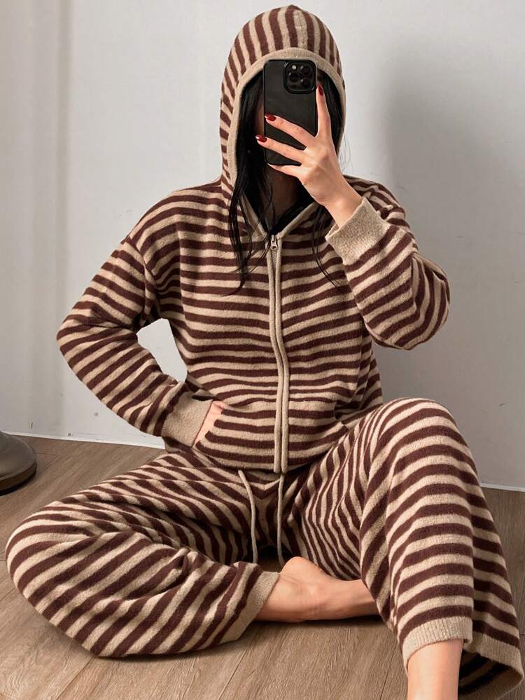 Winter Simple Stripe Hoodie Cardigan And Loose Fit Pants Loungewear Set