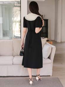 DAZY Đầm lửng cổ bèo phối màu tương phản dành cho nữ - màu đen - Xem 2