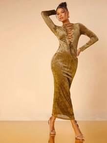Hauture Women Clothes, Elegant Reversible Front Lace-Up Khaki Velvet Long Sleeve Maxi Dress, Party Women Dresses, Elegant Women Dresses, Prom Dress, Wedding Dress, Valentine's Day Dress, Formal Dress. For Date Night, Concerts, Performances, Wedding, Parties, Clubs, Evening - Dark Green - View 1