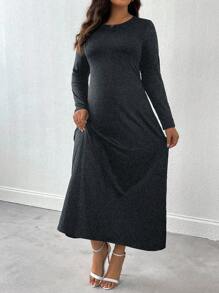SHEIN LUNE Plus Size Women Knitted Crew Neck Long Sleeve Side Pocket Simple Elegant Dress