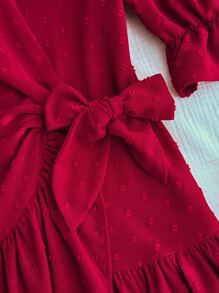 Chiquease 女士优雅红色圆点系带荷叶边下摆拼布连衣裙 - 紅色 - 查看 5