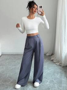 SHEIN Frenchy Women's Blue White Stripe Loose Fit Pants,Elegant Office Trousers For Autumn,Casual Everyday Wear,Decorated With Buttons,Suitable For Matching Suits - Multicolor - View 6