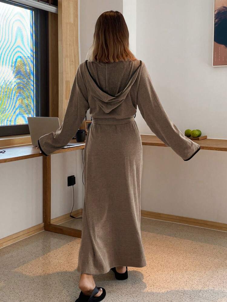 Loose Fit Contrast Trim Hooded Cinched Waist Robe Loungewear, Fall Pajama, Winter