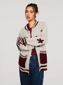 Athîral Women's Casual Letter Stripe Raglan Sleeve Cardigan, Autumn/Winter