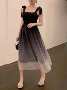 DAZY Square Neck Tie Up Color Gradient Midi Dress For Women Prom Dress Sundress Elegant Women Dresses - Black - View 7