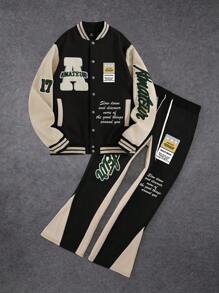 Manfinity Campus Court 男式纯色前扣长袖上衣和裤子套装 - 彩色 - 查看 1