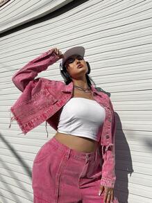 SHEIN EZwear Plus Size Denim Jacket, Long Sleeve, Cropped, Pink - Pink - View 6