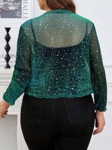 SHEIN Tall CURVE Plus Size Rave Festival Outfits Fall Women Clothes Casual Silver Foil See-Through Cropped Jacket Sequin Top - Dark Green - View 2