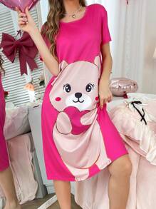 Women's Cute Cartoon Bear Heart Print Nightgown