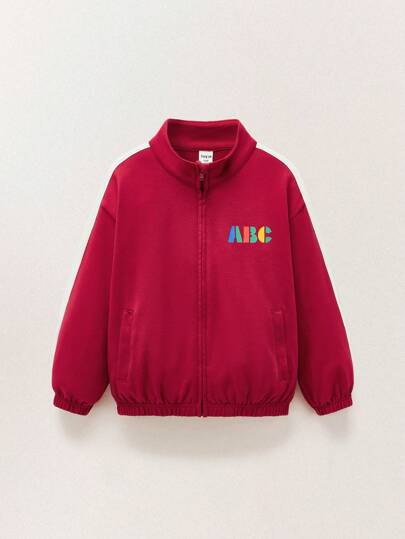 SHEIN Sudaderas de punto rojo y beige para niños pequeños con cinta blanca en los lados, dobladillo elástico acanalado, estilo deportivo casual, para otoño/invierno