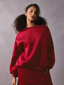 Athîral 1pc Women Casual Solid Color Round Neck Sweatshirt, Autumn/Winter - Red - View 6