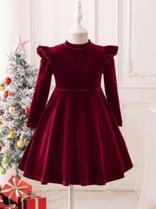 SHEIN Leap Crew Vestido Veludo Liso Menina Babado Acabamento Tricô Veludo Estilo A, Vestido Longo Manga Elegante Estilo Bolo, Ótimo para Uso Casual & Diário & Escola no Outono & Inverno, para Natal ,Férias, Combinando Mãe e Filha , Cor Verde,para Natal,Uso em Festas ,Vestido de Aniversário,Vestido de Princesa. - Vinho - Visão 3