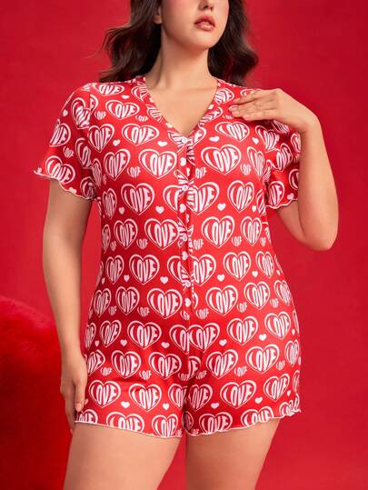 Kawaii Mono de pijama con estampado de corazón para el Día de San Valentín, tallas grandes