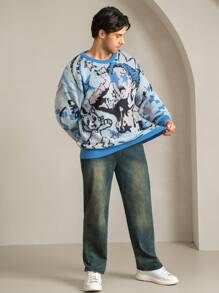 Manfinity EMRG Plus Size Men's Round Neck Long Sleeve Graphic Detail Casual Pullover Sweater
